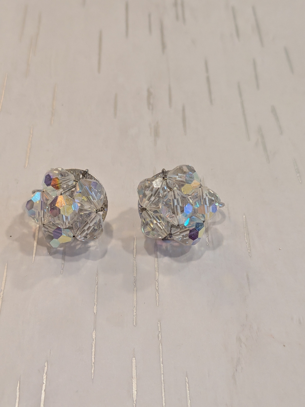 B#2:  Crystal Cluster Stud Cli p On Earrings - Clear Aurora Borealis